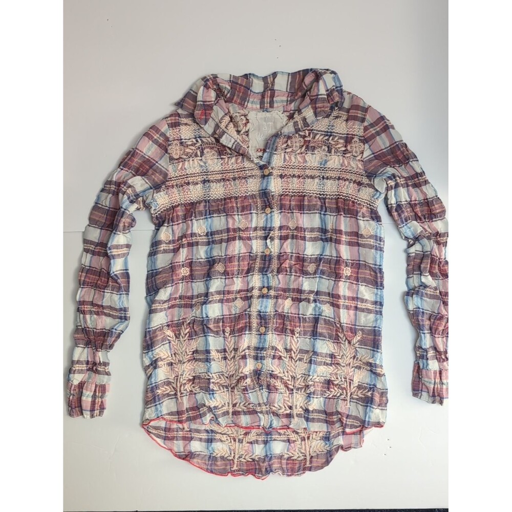 Johnny Was Workshop Pink Blue Plaid Embroidered Blouse